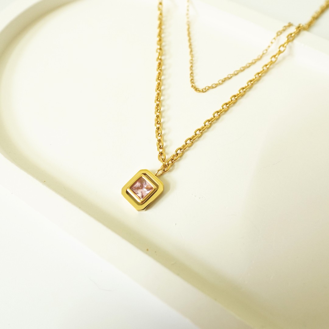 18K gold-plated square pendant necklace with a pink princess-cut crystal on a bold link chain — waterproof and anti-tarnish statement jewelry for everyday glam.