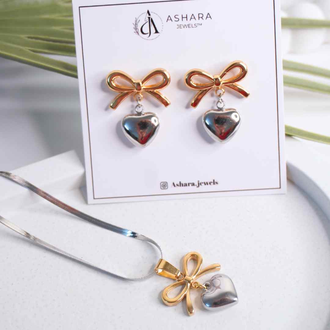 Bow & Heart 18K Gold-Plated Necklace & Earrings Set