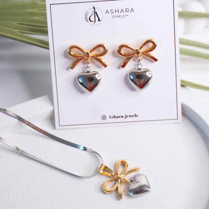 Bow & Heart 18K Gold-Plated Necklace & Earrings Set