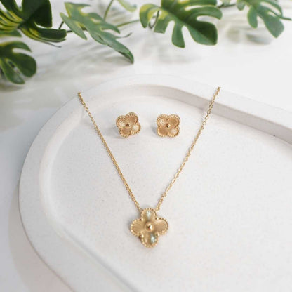 Gold Plated Floral Pendant Necklace with Matching Stud Earrings