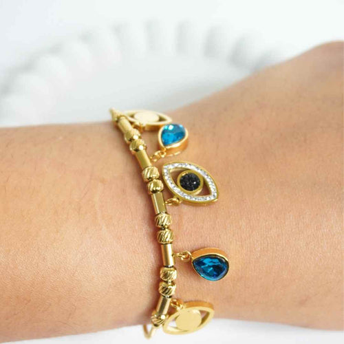 Mystic Evil Eye Charm Bracelet (Blue Gem Edition) – 18K gold-plated stainless steel charm bracelet