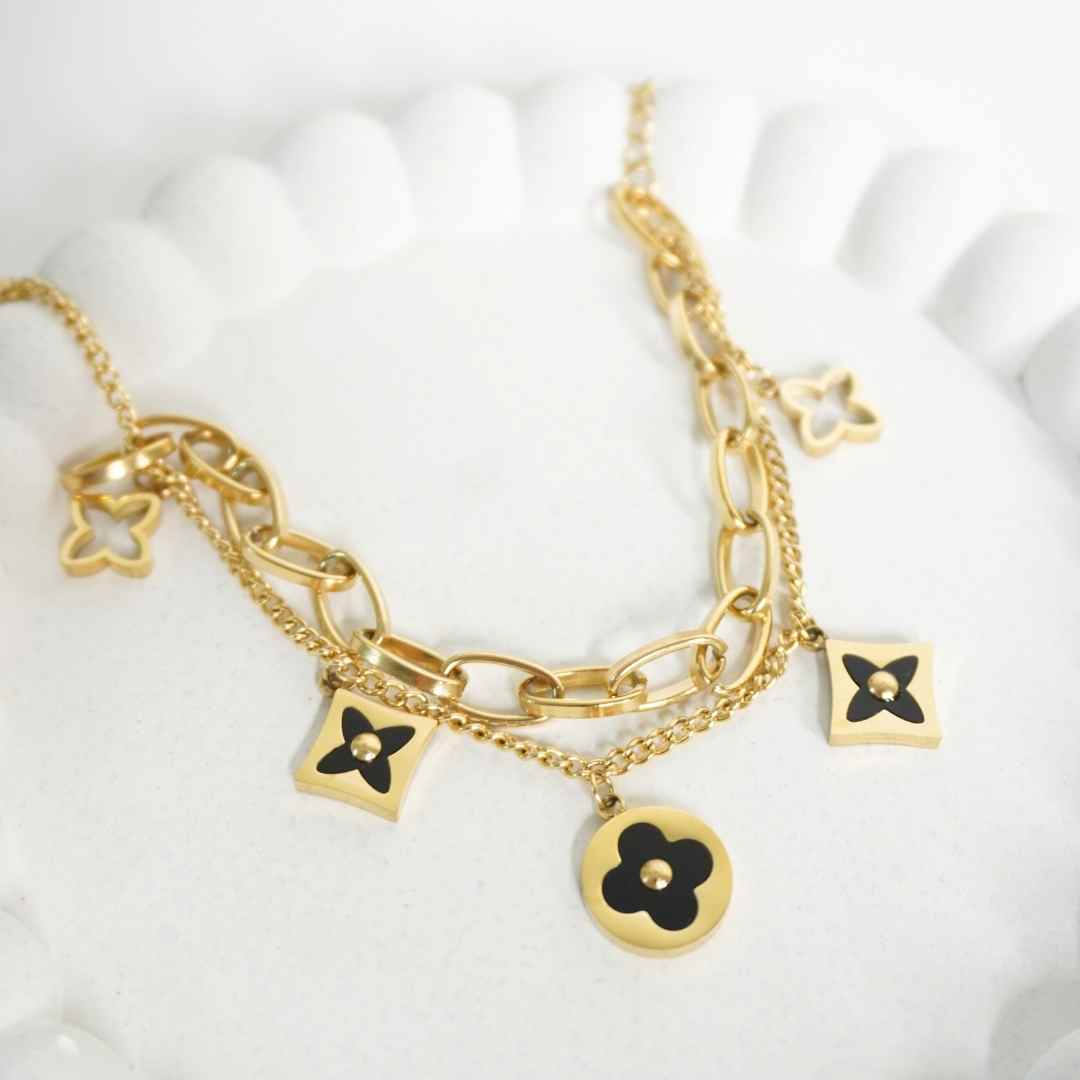 Golden Bloom Charm Bracelet - Black Charms
