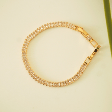 Rose Radiance Tennis Bracelet – Rectangular Scissor-Cut CZ, Gold-Plated Copper