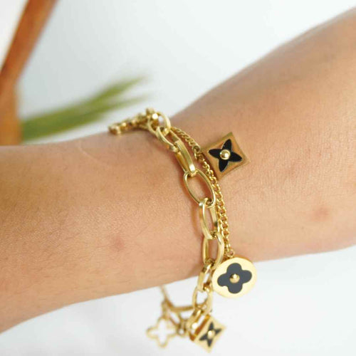 Golden Bloom Charm Bracelet (Black Charms) – 18K gold-plated stainless steel charm bracelet
