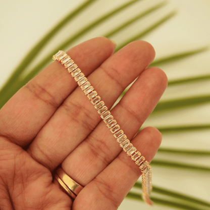 Rose Radiance Tennis Bracelet – Rectangular Scissor-Cut CZ, Gold-Plated Copper