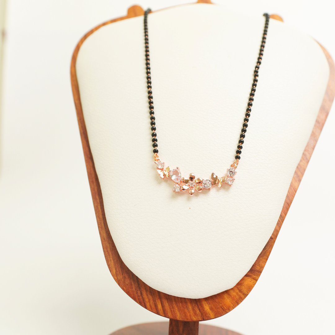 Leaf cluster rose gold mangalsutra with CZ stones and black bead chain, anti-tarnish stainless steel jewelry

