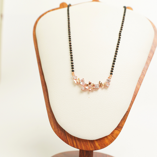 Leaf cluster rose gold mangalsutra with CZ stones and black bead chain, anti-tarnish stainless steel jewelry
