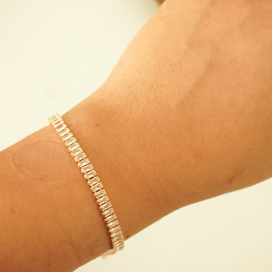 Rose Radiance Tennis Bracelet – Rectangular Scissor-Cut CZ, Gold-Plated Copper