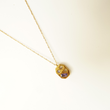 Gold Celestial Medallion Necklace with Amethyst Stone