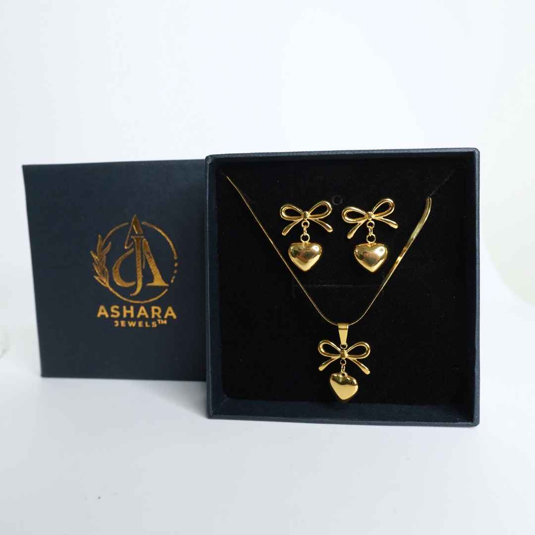 Bow Heart Charm Necklace & Earrings Set