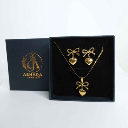 Bow Heart Charm Necklace & Earrings Set