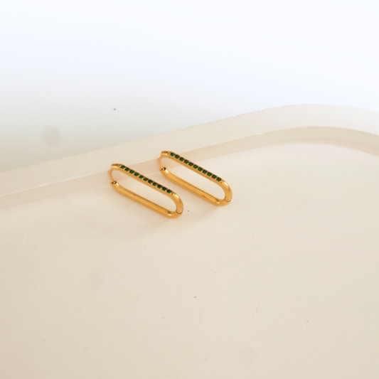 Emerald Elongate Oval Hoops – Green Stone, Gold Plated | Ashara Jewels
