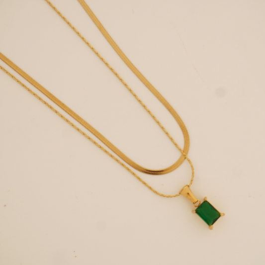 EmeraldMuse Pendant Necklace with green rectangular stone on dual gold stainless steel chain
