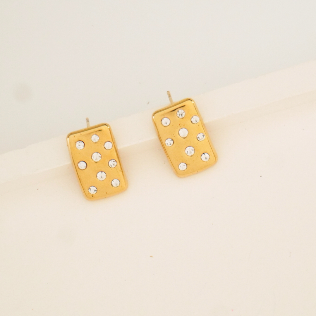Gold rectangular stud earrings with scattered zircon dots – 18K gold plated, waterproof and anti-tarnish by Ashara Jewels
