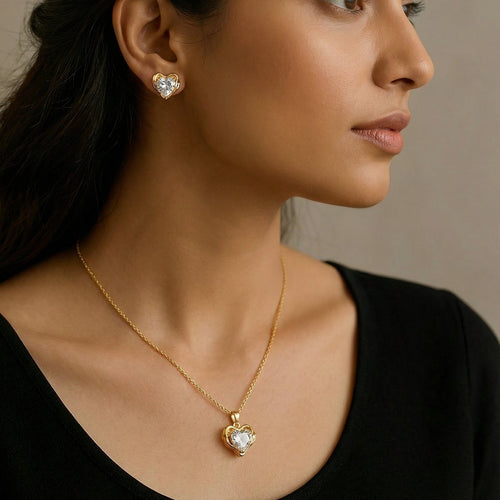 Auréa Heart Sparkle Necklace & Stud Earring Set – 18K gold-plated stainless steel jewellery set