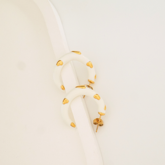 White enamel hoop earrings with gold heart accents – 18K gold plated, waterproof and anti-tarnish by Ashara Jewels
