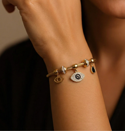 Elysia Evil Eye Charm Bracelet – 18K gold-plated stainless steel charm bracelet