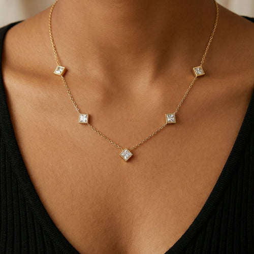 Aurora Square Sparkle Necklace – 18K gold-plated stainless steel necklace