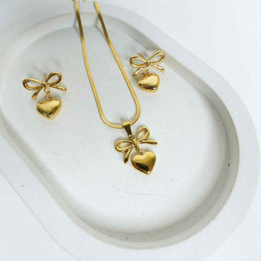 Bow Heart Charm Necklace & Earrings Set