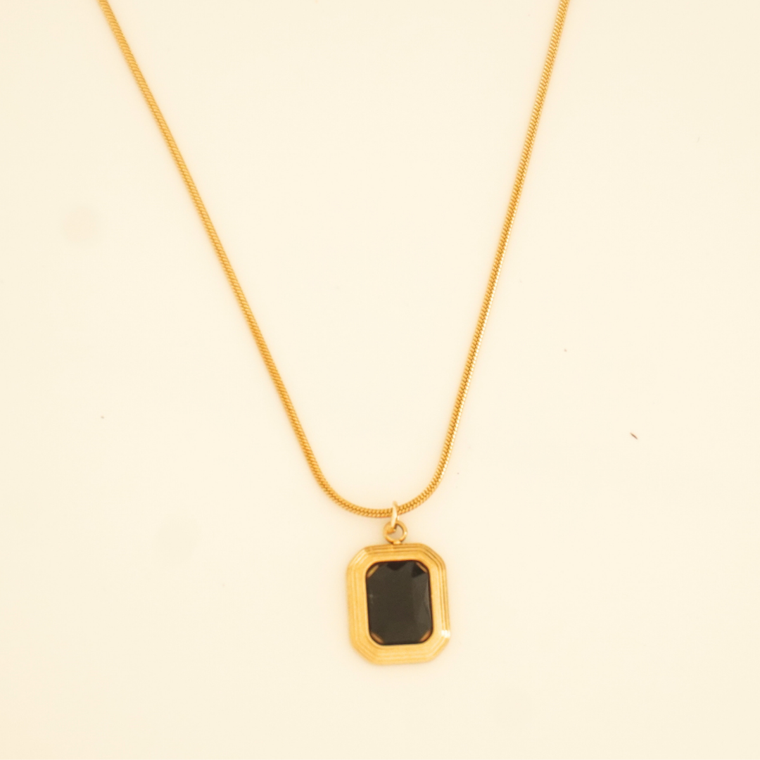 18K gold-plated necklace with rectangular black stone pendant – anti-tarnish and waterproof from Ashara Jewels.