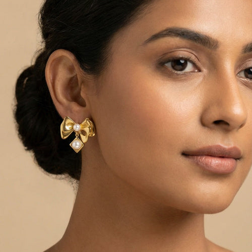 Celeste Bow Pearl Earrings – gold-tone stainless steel stud earrings