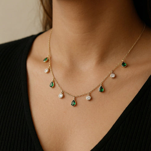 Emerald Drop Charm Necklace – 18K gold-plated stainless steel charm necklace