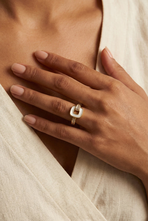 White Enamel Baguette Ring – 18K gold-plated stainless steel adjustable ring
