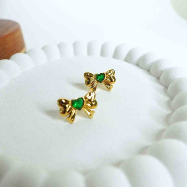 Emerald Bow Heart Stud Earrings