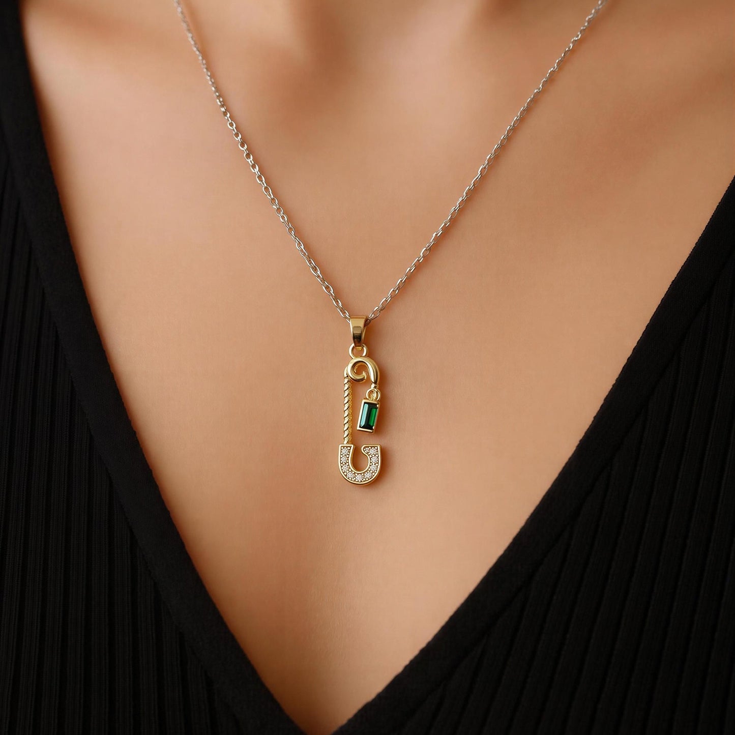Ziva Emerald Safety Pin Necklace