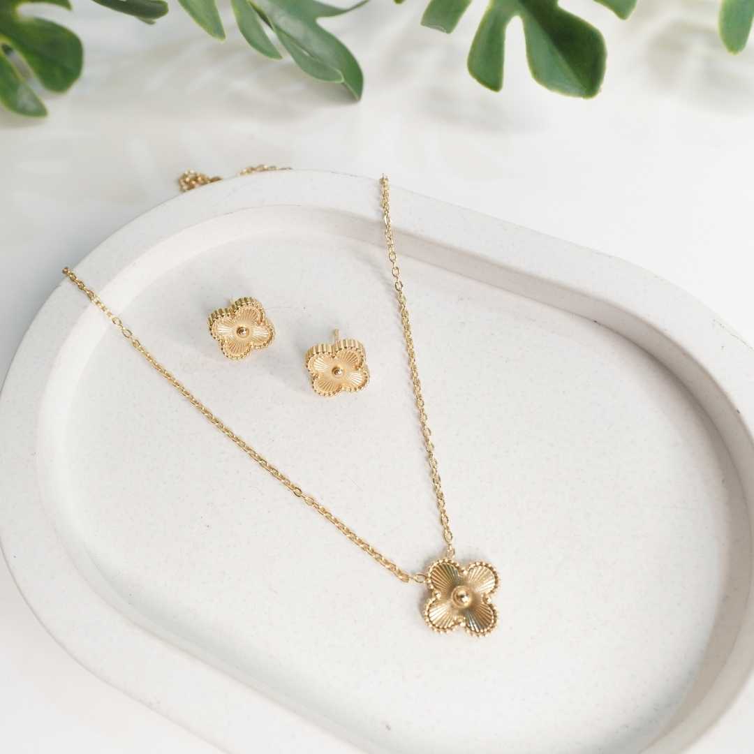 Gold Plated Floral Pendant Necklace with Matching Stud Earrings