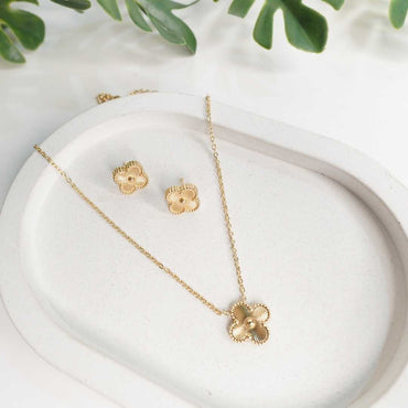 Gold Plated Floral Pendant Necklace with Matching Stud Earrings