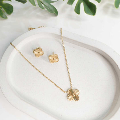 Gold Plated Floral Pendant Necklace with Matching Stud Earrings