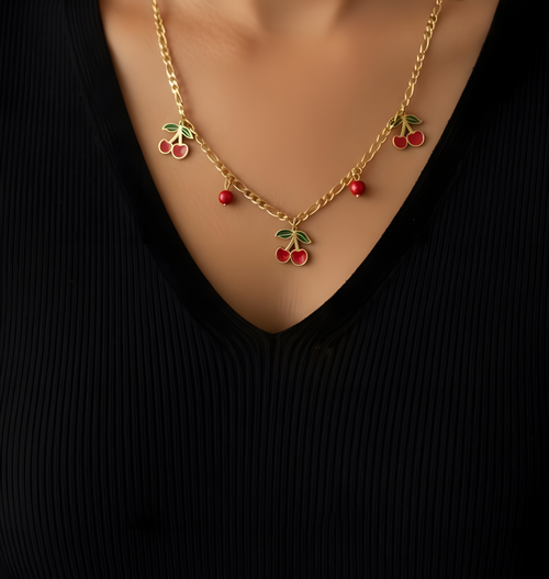 Cherry Blush Enamel Necklace – 18K gold-plated stainless steel charm necklace
