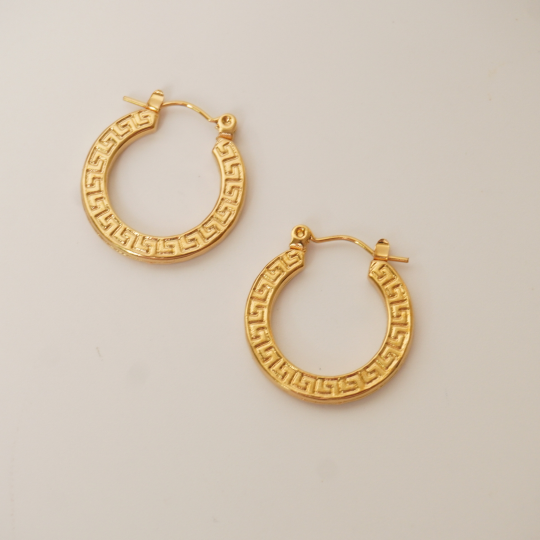 18K gold-plated Greek key hoop earrings – anti-tarnish, waterproof statement hoops by Ashara Jewels