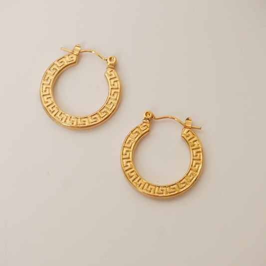 18K gold-plated Greek key hoop earrings – anti-tarnish, waterproof statement hoops by Ashara Jewels