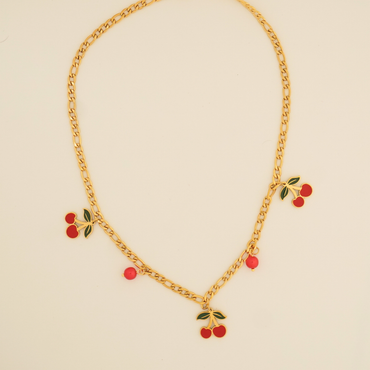Ashara Jewels Cherry Blush Necklace – a playful gold chain necklace with red cherry enamel charms from the Flora Collection.