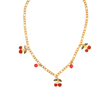 Ashara Jewels Cherry Blush Necklace – a playful gold chain necklace with red cherry enamel charms from the Flora Collection.