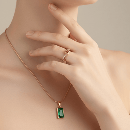 Emerald Green Baguette Pendant Necklace – 18K gold-plated stainless steel pendant necklace, view 2