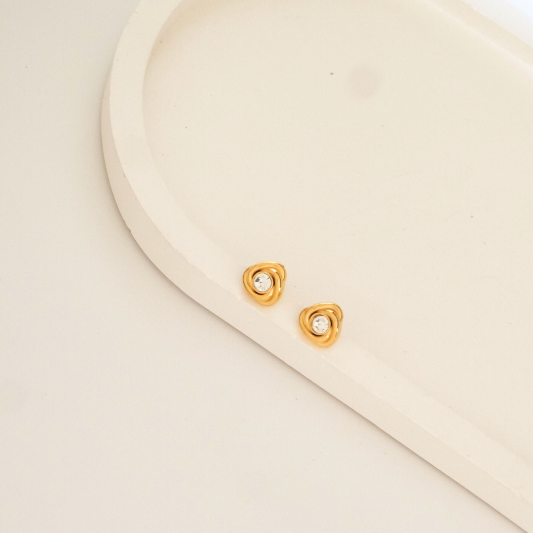 Lumi Knot Stud Earrings with crystal center – 18K gold-plated, waterproof, anti-tarnish studs by Ashara Jewels