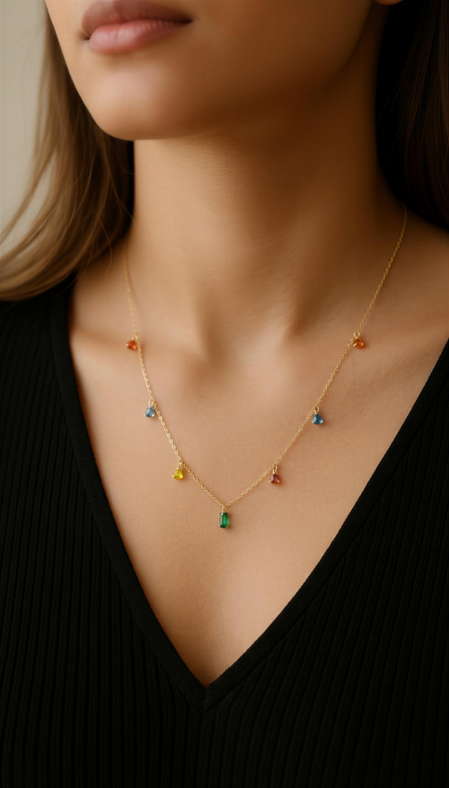 Aurora Multi-Gem Drop Necklace – 18K gold-plated stainless steel necklace