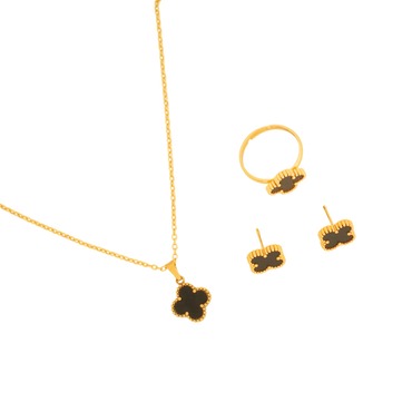 18K gold-plated black enamel clover charm necklace, earrings, and ring set from Ashara Jewels