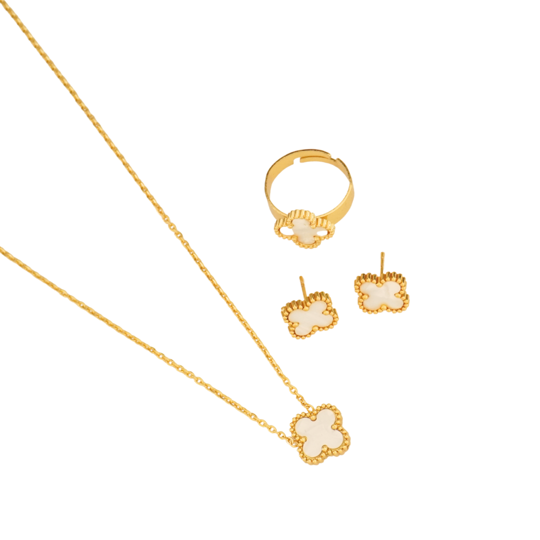 18K gold-plated white enamel clover necklace, stud earrings, and adjustable ring set from Ashara Jewels