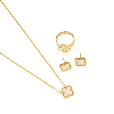 18K gold-plated white enamel clover necklace, stud earrings, and adjustable ring set from Ashara Jewels