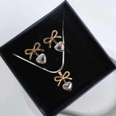 Bow & Heart 18K Gold-Plated Necklace & Earrings Set