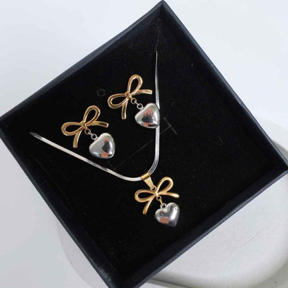Bow & Heart 18K Gold-Plated Necklace & Earrings Set