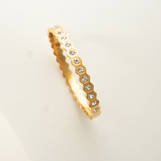 Hexa Glow Bangle – 18K gold-plated hexagon crystal-studded bangle, waterproof and anti-tarnish, fits size 2.2–2.4