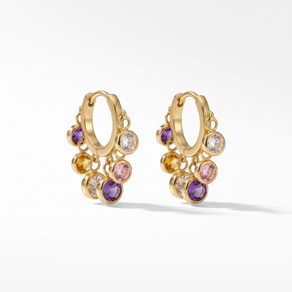 Amethyst Rainbow Gold Hoop Earrings – 18K gold plated mini hoops with multicoloured crystal charms