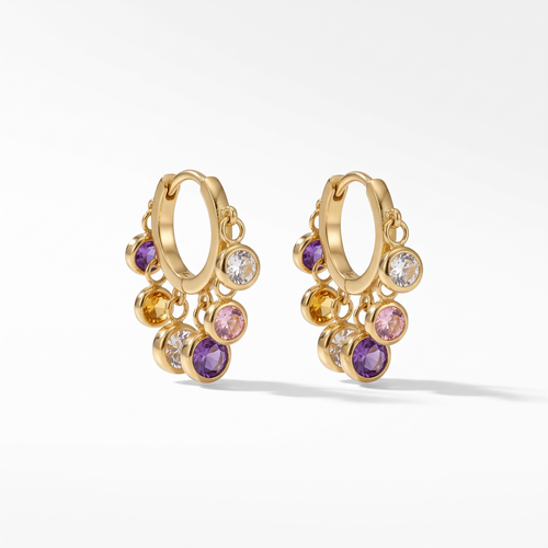 Amethyst Rainbow Gold Hoop Earrings – 18K gold plated mini hoops with multicoloured crystal charms