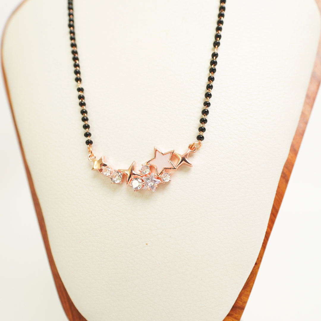 Star design rose gold mangalsutra with CZ stones on black bead chain, anti-tarnish stainless steel
