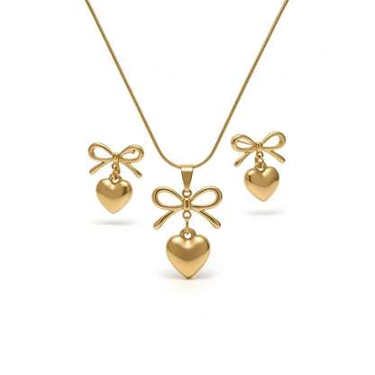 Bow Heart Charm Necklace & Earrings Set